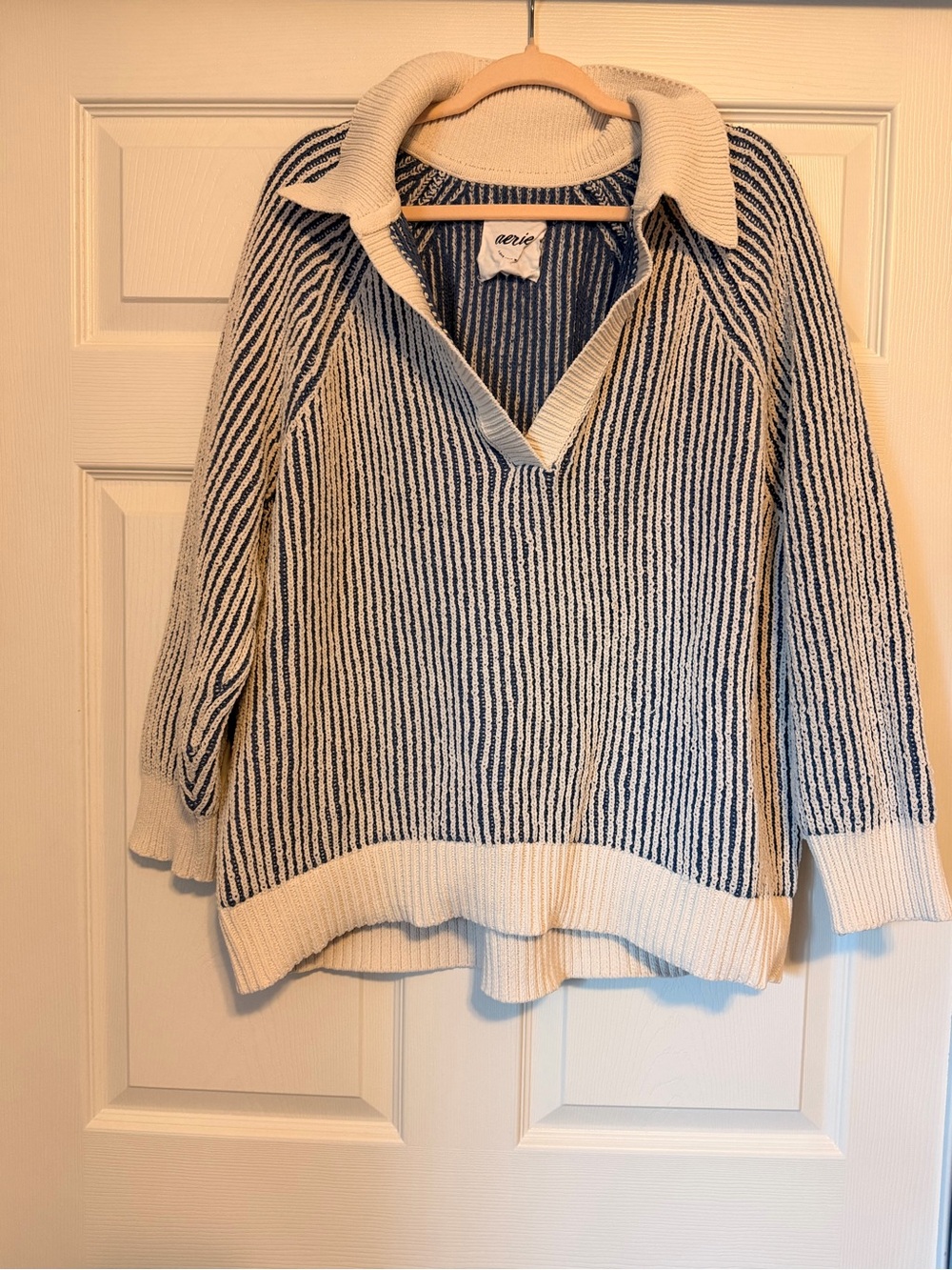 aerie Navy & Cream Striped V‑Neck Collared Sweater